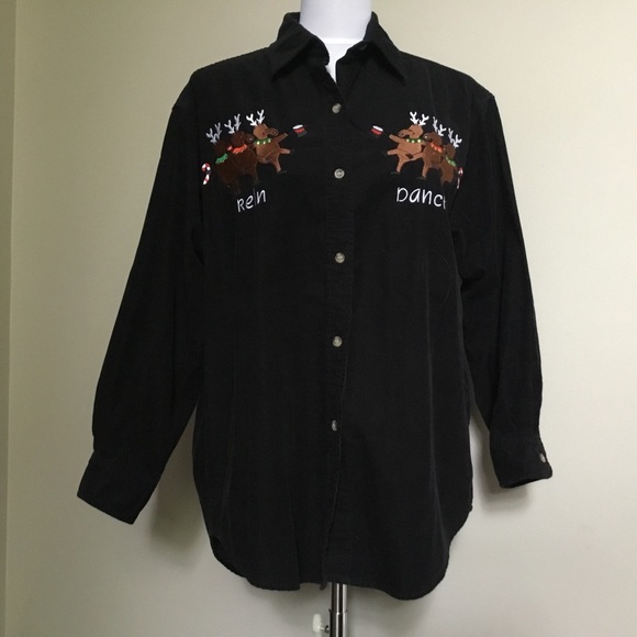 Vintage Tops - Vintage black corduroy REINDEER embroider shirt XL Vintage Tops - Vintage black corduroy REINDEER embroider shirt XL